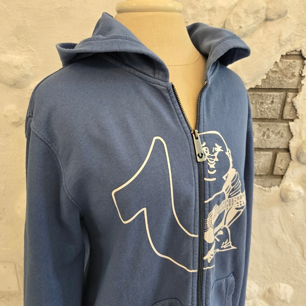 True Religion Y2K Mens Skater Hoodie Blue Buddha Guitar Horseshoe Logo Size L
